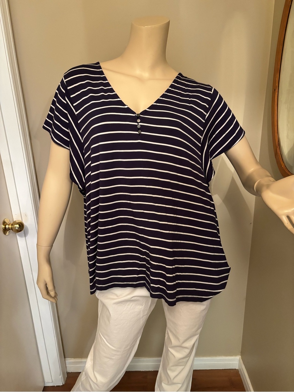 Reitmans Navy and White Striped V-Neck Short Sleeve Top